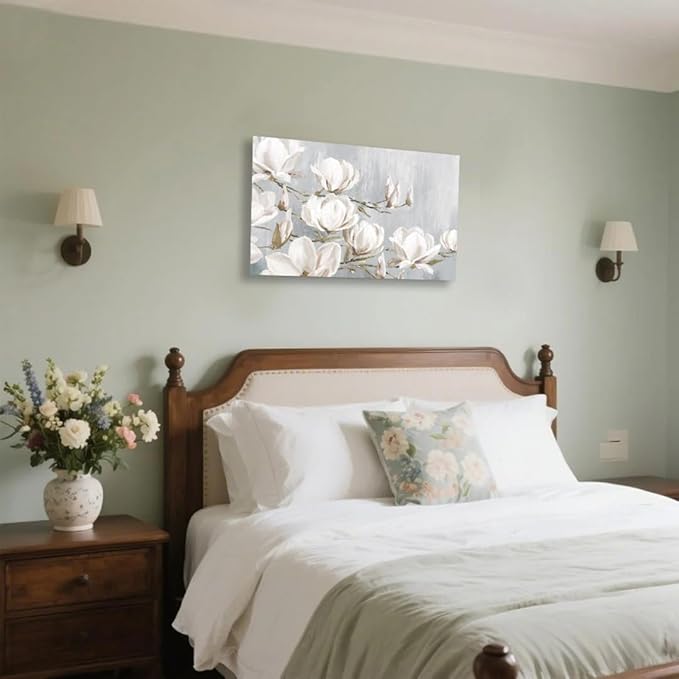 SEVEN WALL ARTS White Magnolia Canvas Wall Art Flowers Pictures Blossom Floral Artwork Vintage Nature Botanical Painting Farmhouse Artwork Decor for Bedroom Living Room Bathroom Office 36"x 24"