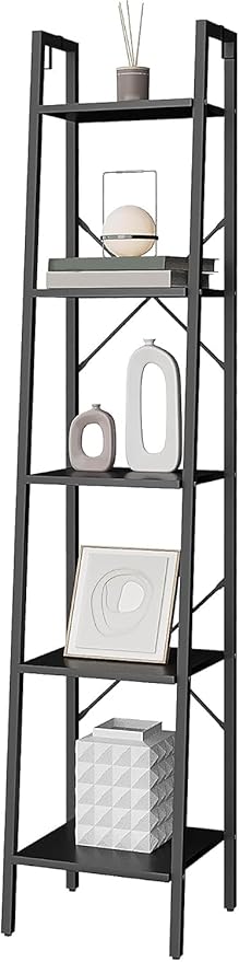 Ladder Shelf, Bookshelf Bookcase, Freestanding Corner Storage Shelve with 2 Hooks for Home Office, Living Room, Kitchen, Bedroom, Industrial, 11.8" D x 13.4" W x 63" H, Black BC03204B