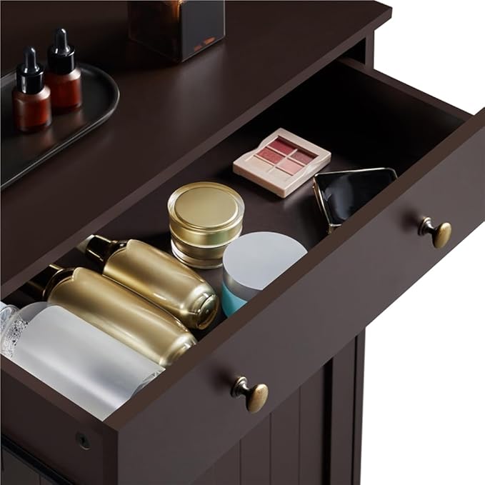 Yaheetech Set of 2 Bathroom Storage Cabinet with 1 Drawer, Freestanding Bathroom Cabinet with 2 Doors and 3-Level Adjustable Shelf, Modern Furniture for Laundry Room, Corridor, Espresso
