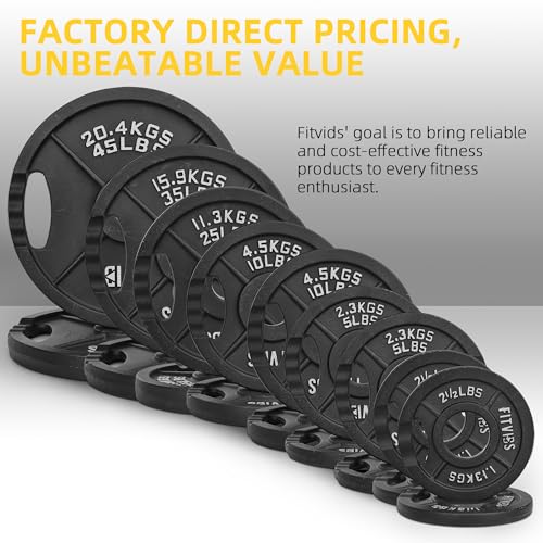 Fitvids Olympic Cast Iron 2-Inch Weight Plate for Strength Training & Weightlifting, Multiple Weights Available
