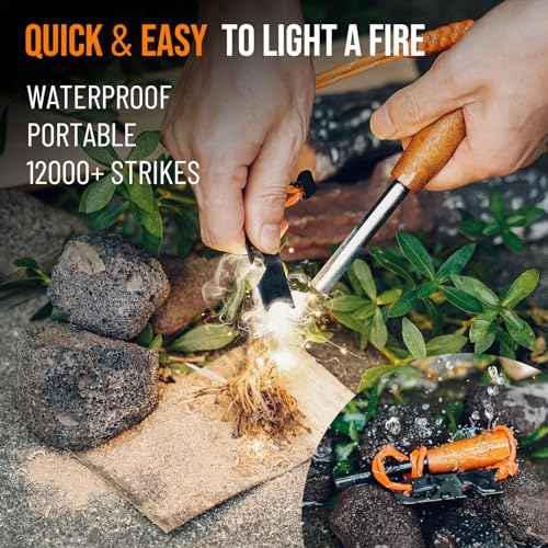 Fire Starter Survival Tool, Ferro Rod Kit with Tinder Wick, Pouch, Waterproof Flint and Steel Fire Starter for Camping, Hiking and Backpacking Gear