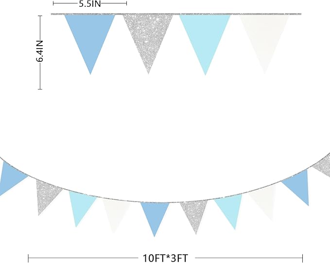 Dusty Blue Silver White Party Decorations Pennant Banner Flag Hanging Glitter Triangle Bunting for Birthday Baby Shower Graduation Bridal Shower Wedding Engagement Nautical Ahoy Achor Party Supplies