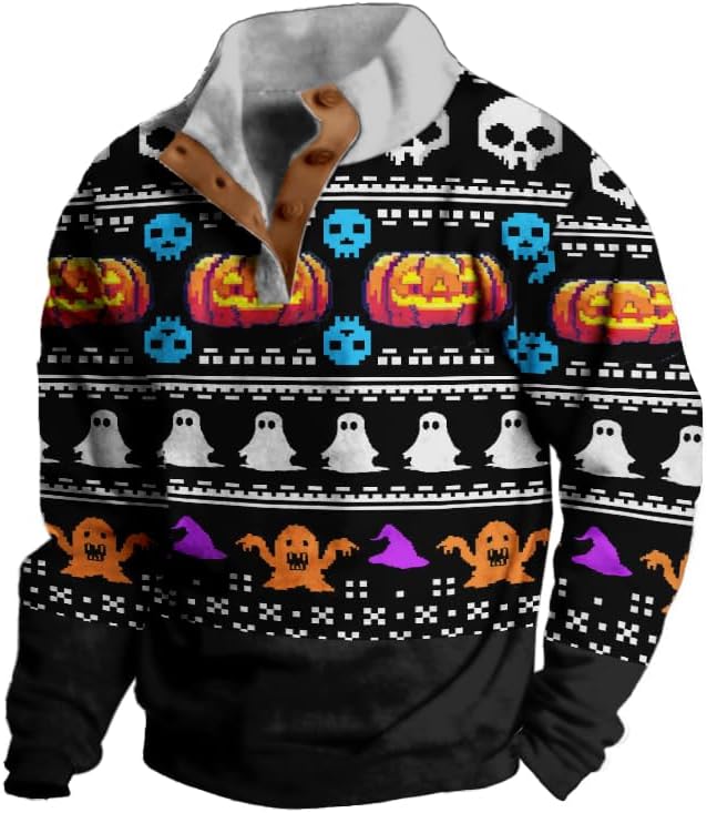 Mens Western Halloween Hoodie Button Up Henley Shirt Cowboys Sweatshirt Men Graphic Long Sleeve Pullover Tops