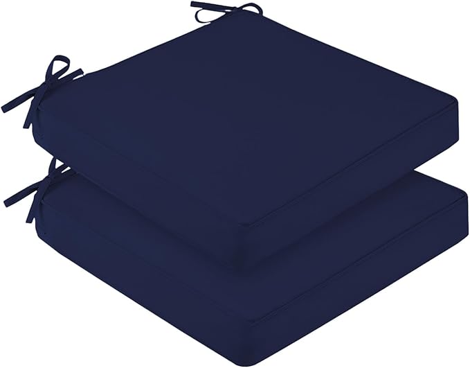 downluxe Waterproof Outdoor Chair Cushions for Patio Furniture, 24" x 24" x 4" Patio Chair Cushion with Adjustable Ties & Portable Handle, Square Outdoor Cushion with Removable Cover, Navy, 2 Pack