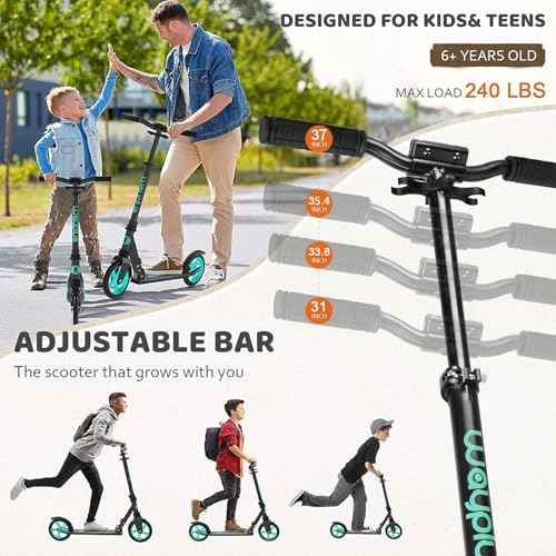 Kick Scooter for Ages 6+,Kid, Teens & Adults. Max Load 240 LBS. Foldable, Lightweight, 8IN Big Wheels for Kids, Teen and Adults, 4 Adjustable Levels. Bearing ABEC9