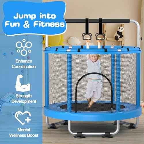 55" Trampoline for Kids with Enclosure, 440lbs Capacity Indoor & Outdoor Toddler Trampoline with Adjustable Gymnastics Bar & Toys, for Boys & Girls