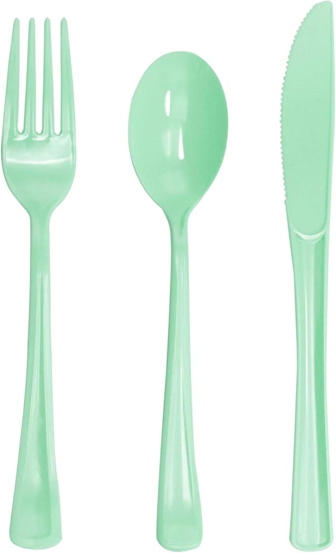 150 PCS Sage Green Plastic Silverware Heavy Duty Mint Green Utensil Sets Include 50 Disposable Plastic Forks, 50 Knives, 50 Spoons for Birthday, Baby Shower, Picnic, Spring Party, Wedding
