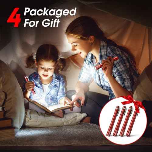 RECHOO LED Pen Light 4 Pack, Lightweight, Small Bright Pen Flashlight with Clip, Waterproof Portable Pocket Flashlight for Home, Emergencies, Inspection, Red (Battery Included)