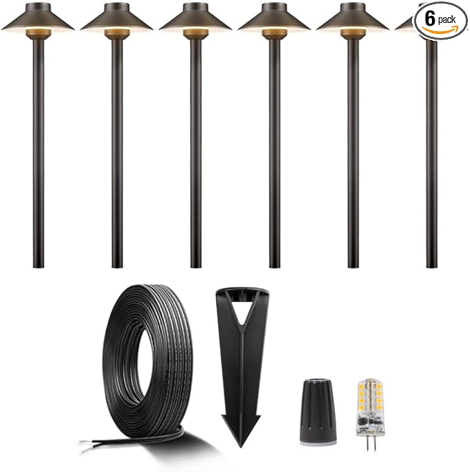 Brass Low Voltage Path Lighting Kit (6 Pack Path Lights) with 100 Feet Cable and 30Pack Wire Connectors for Outdoor Pathway House Garden Patio Without Transformer