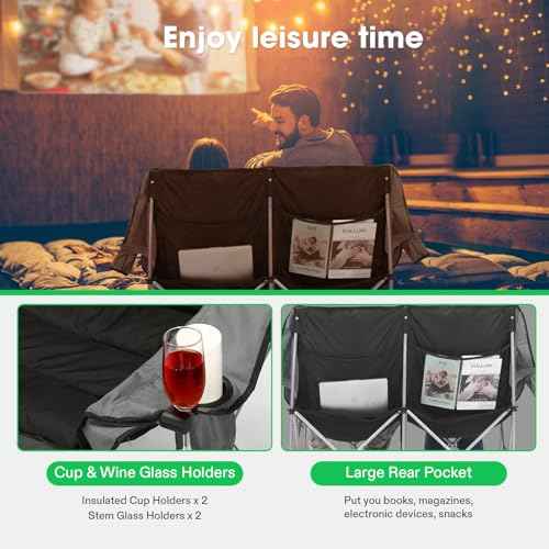 VIVOSUN Double Camping Chair, Fully Padded Folding Loveseat, Oversized Duo Chair with Cup & Wine Glass Holders, Pocket, Armrests & Carry Bag