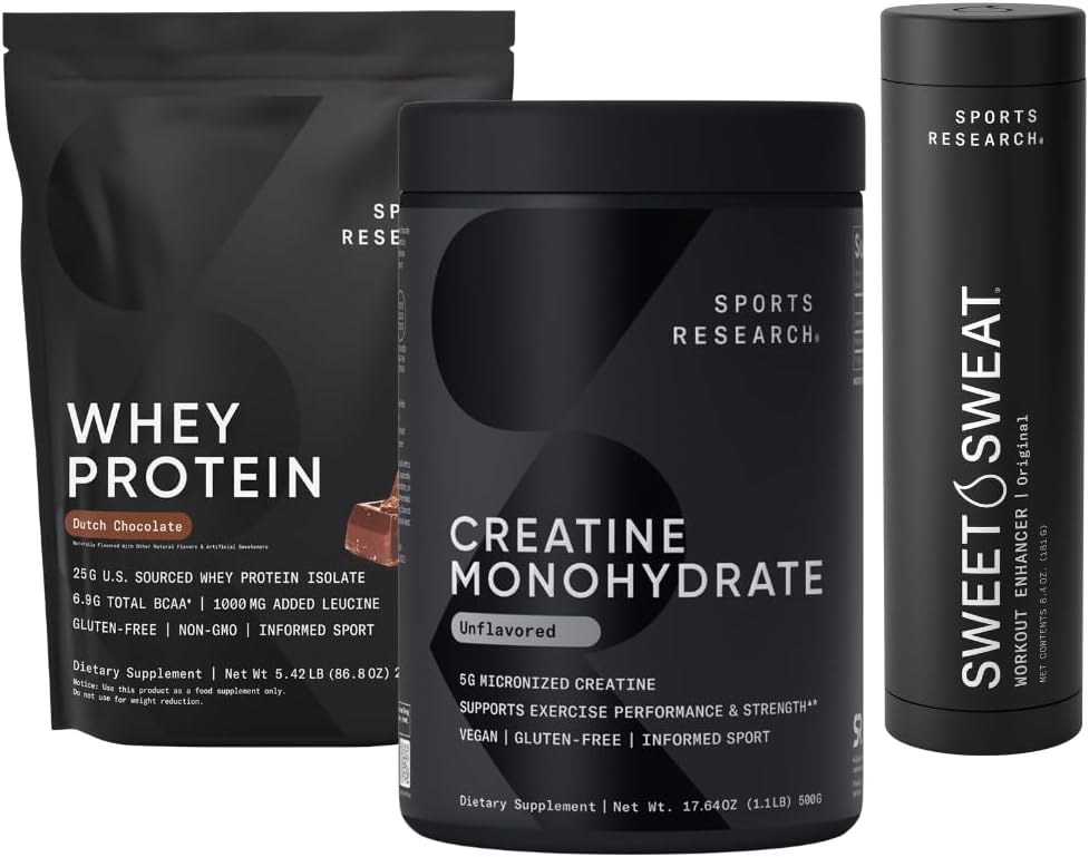 Sports Research Exercise Performance Pack - Creatine Monohydrate (1.1lb) & Whey Protein Dutch Chocolate (5lb) | Workout Enhancer Gel (6.4oz)