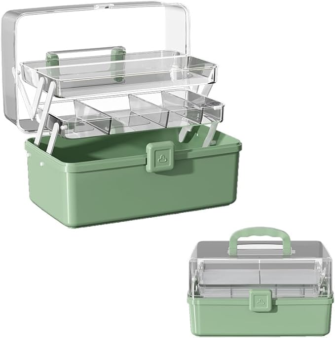 12.9in Three-Layer Multipurpose Storage Box with Handle Portable Tackle Box Folding Art & Craft Case Sewing Supplies Organizer for Makeup, Medicine, Nail, Hair Accessories (Haze Green)