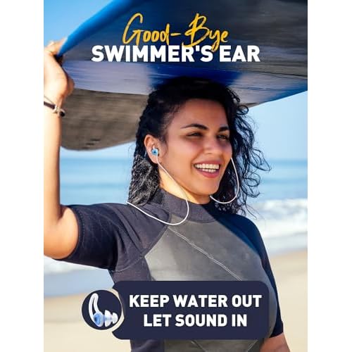 Ear Plugs for Swimming Surfing with Lanyard, Block Out Water Let Sound in, Reusable Comfy Custom-fit Swim Waterproof earplugs Men Women for Swimmer Shower Pool Bath Water Sports