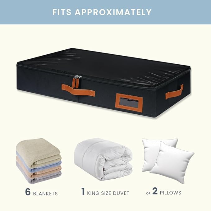 OrganiHaus Under Bed Storage Containers, Bedroom Storage and Organization Bins, Clothes Organizer for Closet with Clear Cover and Reinforced Handles - Set of 2 33x17x6 inches Black