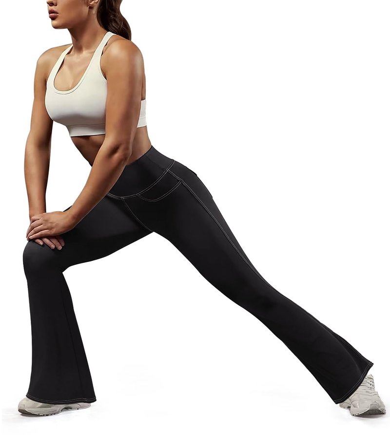 SEASUM Cargo Yoga Flare Leggings for Women Flap Pockets Butt Lifting Workout Gym Contrast Stitching Bootcut Casual Pants Imitation Jeans Black XL