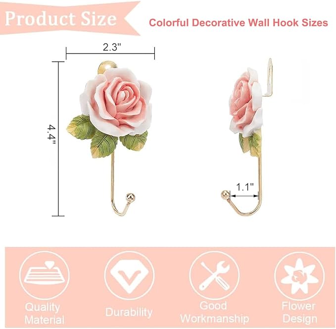Beautiful Pink Flower Decorative Wall Hook, Fancy Cute Handmade Resin Rose Robe