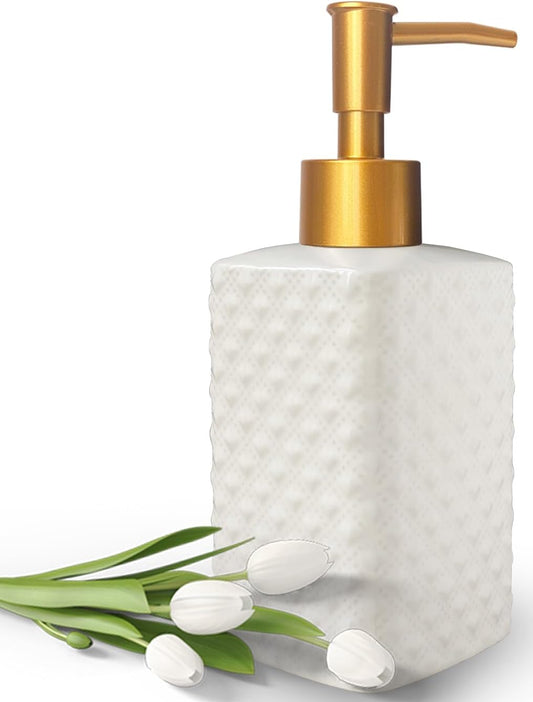 Chic Unique White Soap Dispenser for Bathroom with Golden Pump,Lotion Dispenser, Refillable Countertop Ceramic Hand Dispenser,Dish Dispenser for Kitchen 350ml(White Square Bottle)