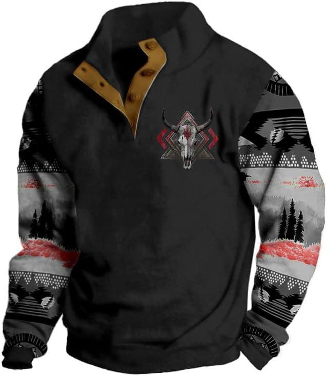 Mens Western Halloween Hoodie Button Up Henley Shirt Cowboys Sweatshirt Men Graphic Long Sleeve Pullover Tops