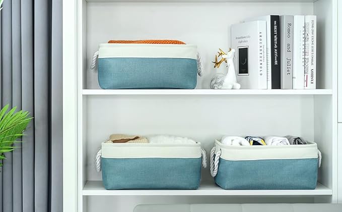 TheWarmHome Fabric Storage Bins Baskets for Organizing,Sturdy Storage Basket W/Handles, Decorative Foldable Storage Baskets for Shelves Closet Nursery Toy (White&Teal, Medium - 3 Pack)