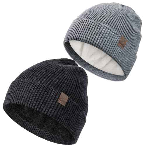 Winter Beanies Hats for Men Women, 2-Pack Soft Fleece Lined Beanie, Insulated Ski Stocking Cap for Cold Weather