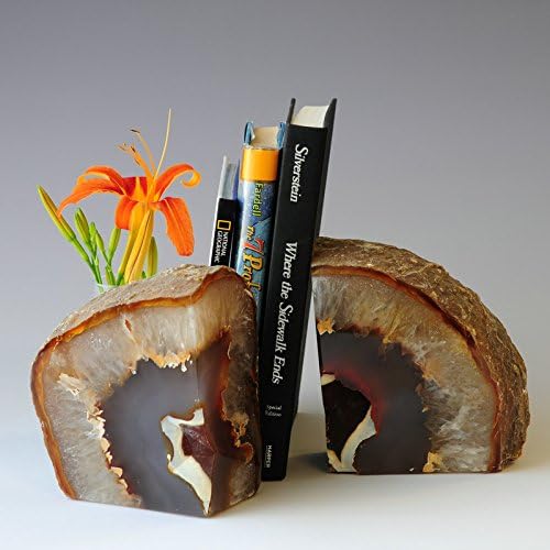 JIC Gem Natural Decorative Agate Book Ends Geode Bookends Stone Bookends for Shelves Book Ends to Hold Books Heavy Duty with Rubber Bumpers for Décor Small Size(1 Pair, 2-3 LBS)