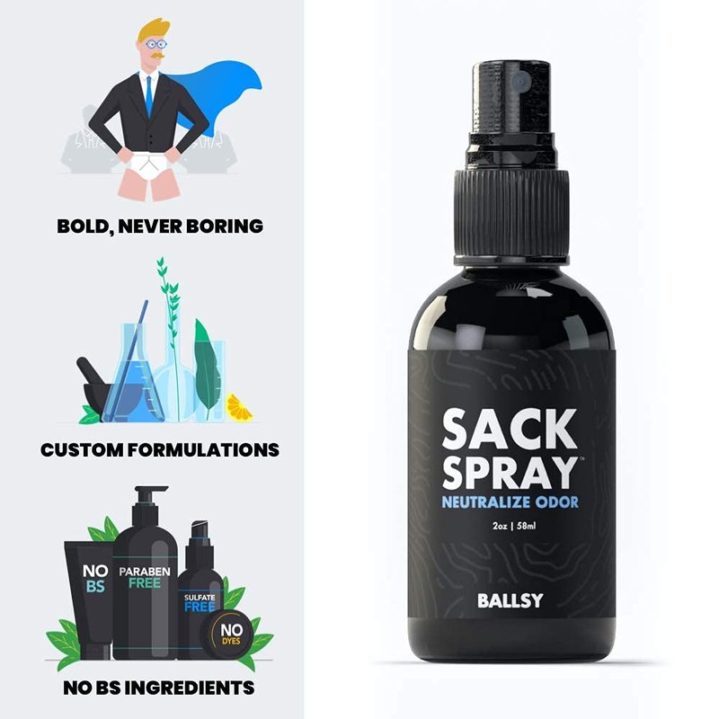 Ballsy Body & Groin Spray – Deodorant for Men - Neutralize Odor & Skin Irritation w/Tea Tree & Aloe Vera Extracts - Cruelty, Sulfate & Paraben-Free Deodorant Spray 2 oz, 1 Pack