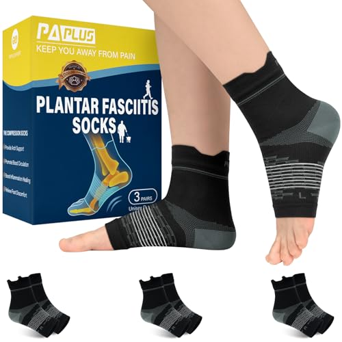 PAPLUS 3 Pairs Plantar Fasciitis Socks Women & Men - Ankle Compression Sleeve for Sprained Ankle, Heel Spur & Arch Support - Foot Brace for Achilles Tendonitis Relief, Arthritis Pain
