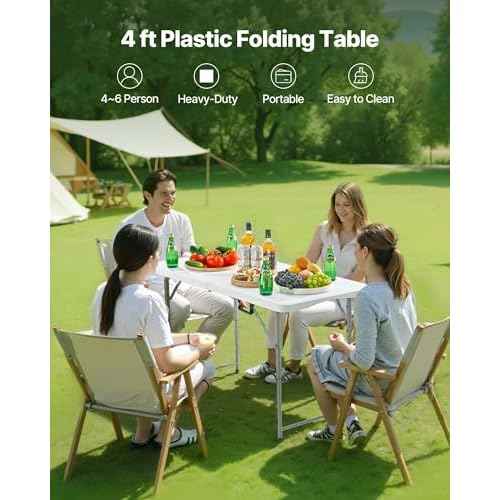 VEVOR Folding Table, 4 Ft Heavy Duty Portable Fold-in-Half Utility Table, Indoor Outdoor Plastic Rectangle Table with Adjustable Height and Built in Handle, for Party, Dining, Picnic, Camping, White