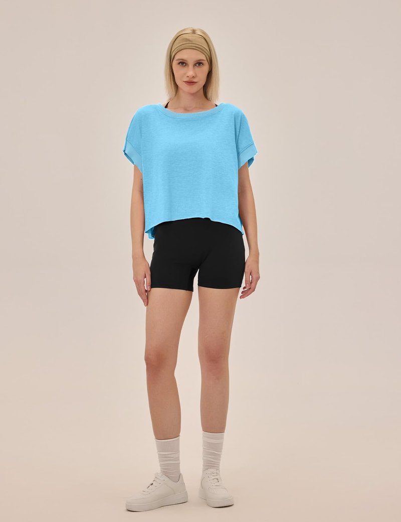 UNIANKIYA Open Back Workout Tops for Women Loose Fit Athletic Crop Tee Short Sleeve Gym Running Yoga Shirt Mint Blue