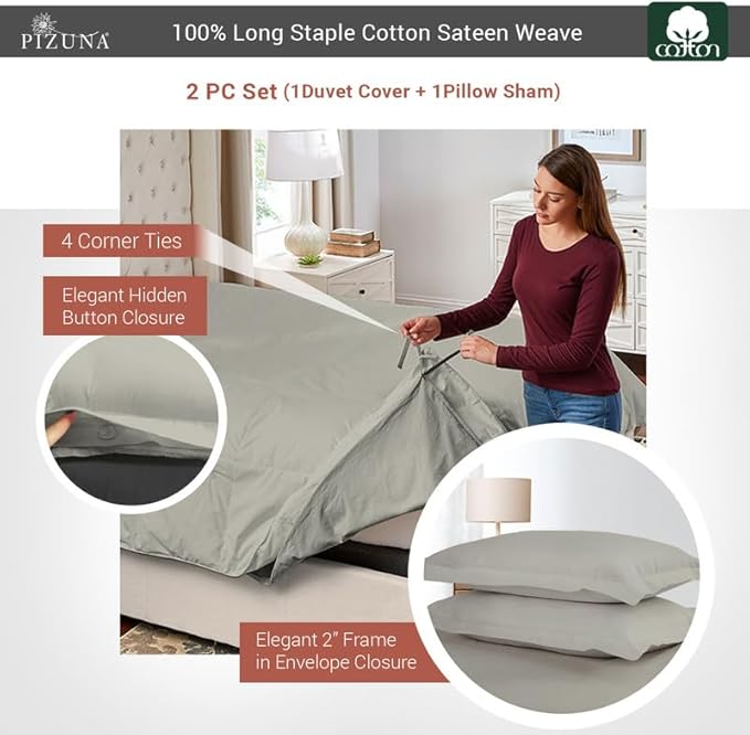 Pizuna Pure 100% Cotton Twin Duvet Cover Set, Luxurious 400 Thread Count Long Staple Cotton Sateen Weave with Button Closure (Combed Silver Cotton Duvet Cover Twin)