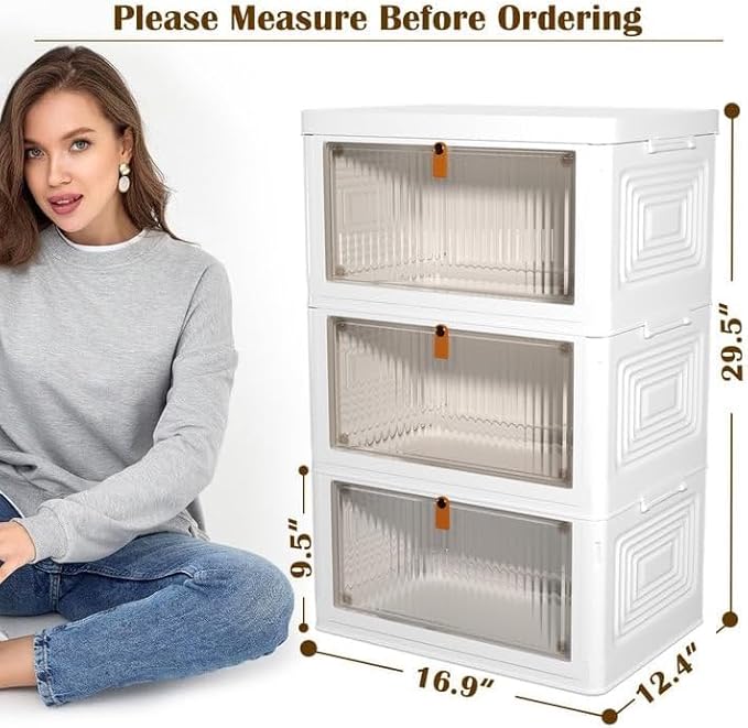 3 Tier Plastic Storage Bins with Lids 35QT, Stackable Storage Containers with Wheels, Folding Storage Boxes, Extra Large Collapsible Storage Bins, White