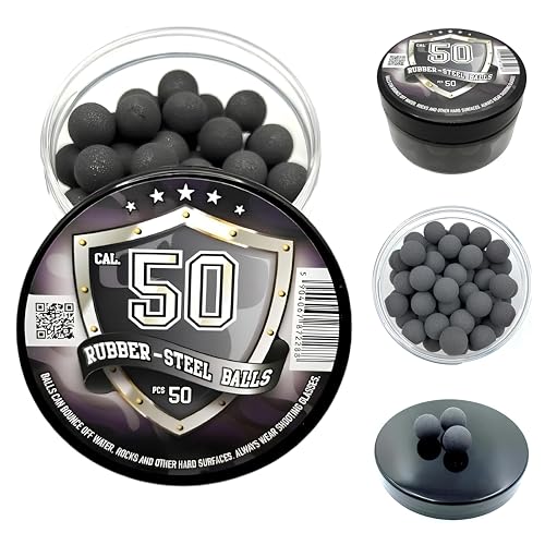 50 x Premium Quality Hard Rubber Steel Balls 2.7 Grams Heavy Reusable Projectiles Paintballs Reballs Powerballs for Training Home and Self Defense Pistols in 50 Caliber