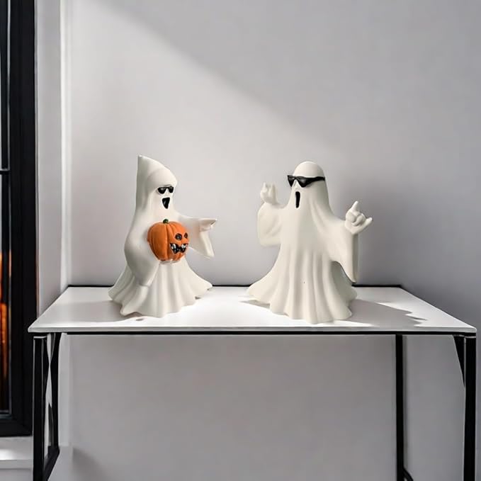 Halloween Ghost Figurine - Spooky Resin Ghost Statue, Cute Finger Ghost Ornaments, Perfect for Indoor & Porch Halloween Decor (Ghost with Pumpkin)