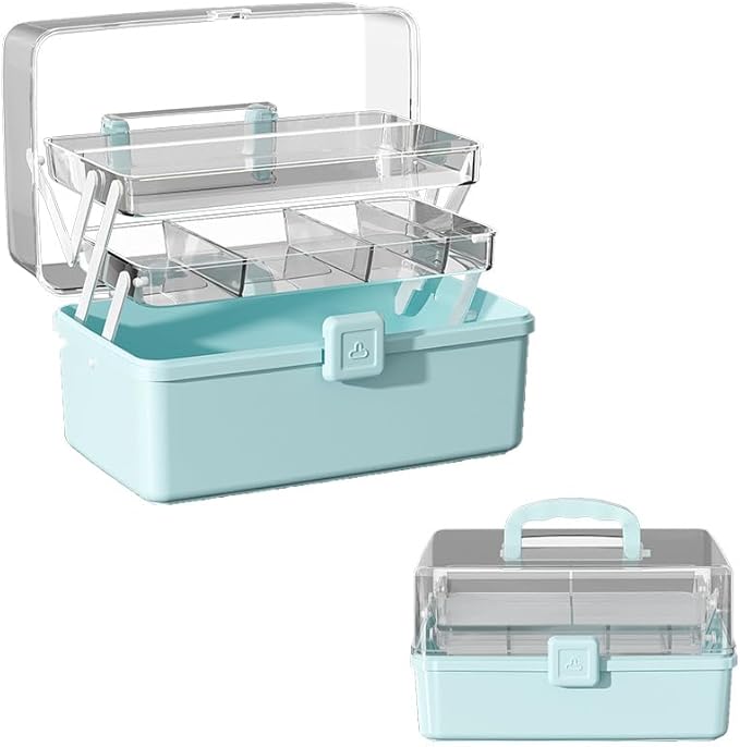 12.9in Three-Layer Multipurpose Storage Box with Handle Portable Tackle Box Folding Art & Craft Case Sewing Supplies Organizer for Makeup, Medicine, Nail, Hair Accessories(Blue)
