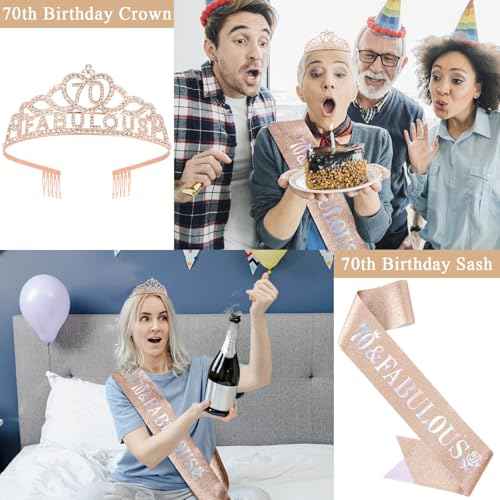 70th Birthday Decorations for Women, Rose Gold 70th Birthday Sash and Crown Tiara for Women 70th Birthday Party Favor Decorations 70 and Fabulous Sash and Crown