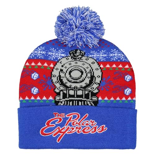 The Polar Express Beanie Men's Locomotive Fair Isle Design Embroidered Logo Fold Cuff Top Pom Beanie Hat