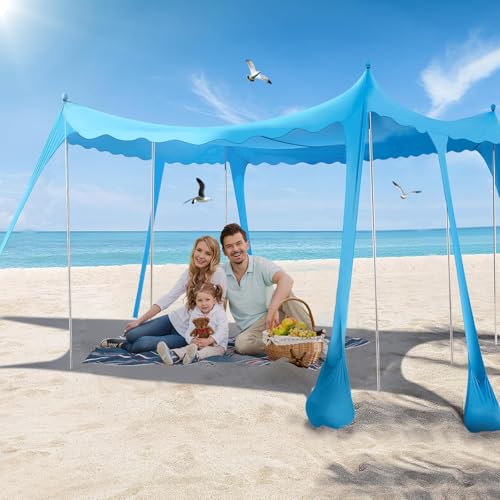 Beach Tent Sun Shelter, 10 x 10 FT Beach Canopy Tent Sun Shade, UPF50+ Protection with 6 Sandbags 6 Stability Poles, Outdoor Beach Shade Canopy for Camping, Fishing, Backyard