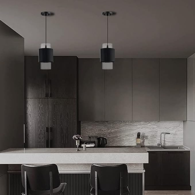 1 Light Hanging Indoor Kitchen Island Pendant Light 6" Drum Glass Shade Pendant Ceiling Light Fixtures Modern Farmhouse Dinning Over Sink (Black Finish, 1 Pack)