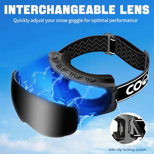 COOLOO Snow/Ski Goggles, Snowboard Goggles for Men Women Youth -OTG, Magnetic Lens Frameless Anti Fog 100% UV Protection