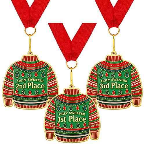 Haull Christmas Ugly Sweater Award Medals 2025, 1st 2nd 3rd Place Ugly Sweater Contest Trophy Prizes Necklace Jewelry for Holidays Christmas Tree Ornament Xmas Party Decorations Supplies