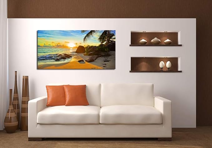 XXMWallArt FC1350 Canvas Wall Art Tropical Beach At Sunset Seascape Picture Paintings Artwork Prints Framed Ready to Hang for Home Office Bedroom Living Room Bathroom Kitchen Wall Decor
