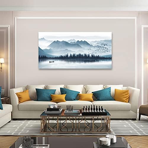 arteWOODS Indigo Canvas Wall Art Misty Mountain Wall Pictures Foggy Lake Boat Canvas Painting Prints Forest Birds Canvas Wall Decor for Living Room Wall Decorations Framed Ready to Hang 24" x 48"