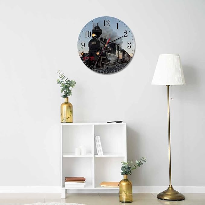 Mxocom Morning Train Wall Clock Old Steam Train Smoke Rairoad Sunrise 10 Inch