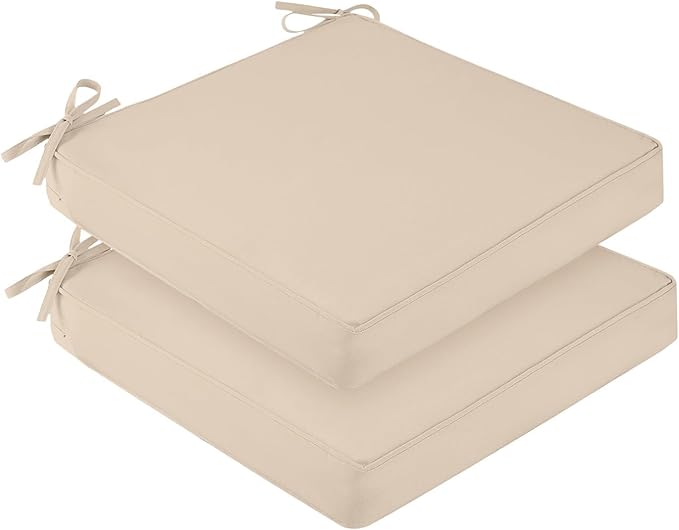 downluxe Waterproof Outdoor Chair Cushions for Patio Furniture, 24" x 24" x 4" Patio Chair Cushion with Adjustable Ties & Portable Handle, Square Outdoor Cushion with Removable Cover, Beige, 2 Pack