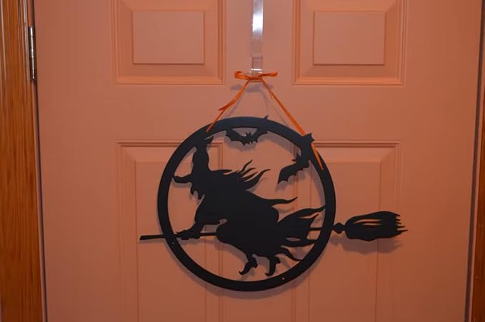 RealSteel Witch Halloween Decoration - Metal Broom Riding Décor - Scary Indoor Outdoor Wall Sign for Haunted Houses - Wicked Witch Flying Porch Art - Flying Bats Front Door Art (30, Orange)