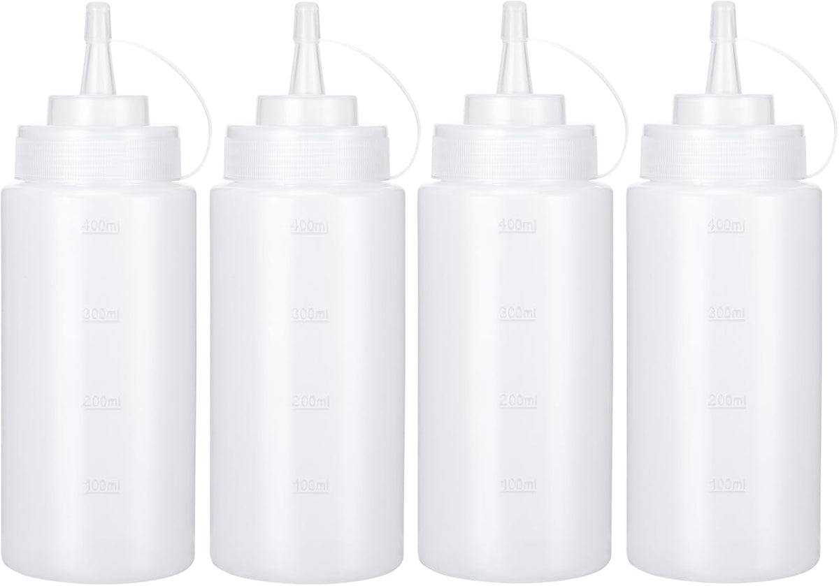 Condiment Squeeze Bottles Ketchup Dispenser, 4 Pack 16oz Squeeze Bottles for Liquids, Plastic Sauce Bottle with Cap Lid, Squirt Bottles for Sauces Liquids BBQ Dressing Pancake Art