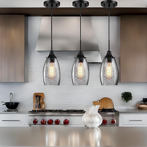 Mini Glass Pendant Light,4.72" Black Glass Hanging Light 3-Pack Handblown Clear Black Seeded Shade Adjustable Cord Ceiling Light Fixture for Kitchen Island Sink