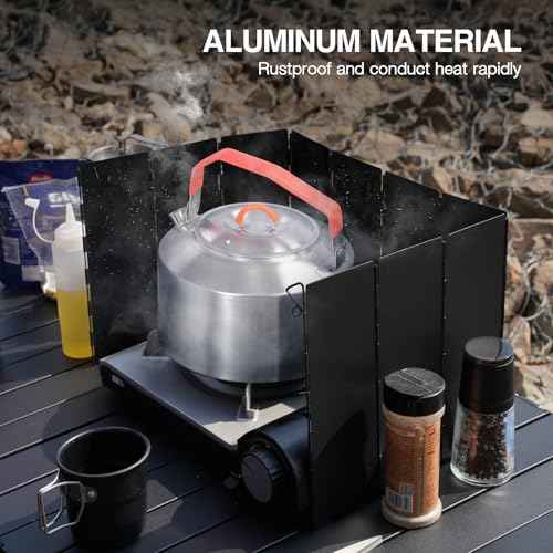 REDCAMP 9.5" High Folding Outdoor Stove Windscreen, 10 Plates Aluminum Camping Stove Windshield with Carrying bag, Lightweight Butane Burner Windshield, Black