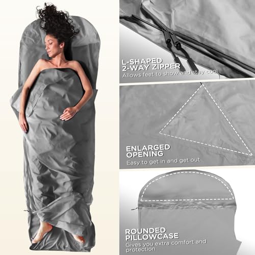 Ultralight Sleeping Bag Liner - 5.3 oz Washable Adult Sleep Sack & Travel Sheets, Self Tan Sleep Sack with Two-Way-Zipper, for Backpacking, Hotel, Camping, Travel
