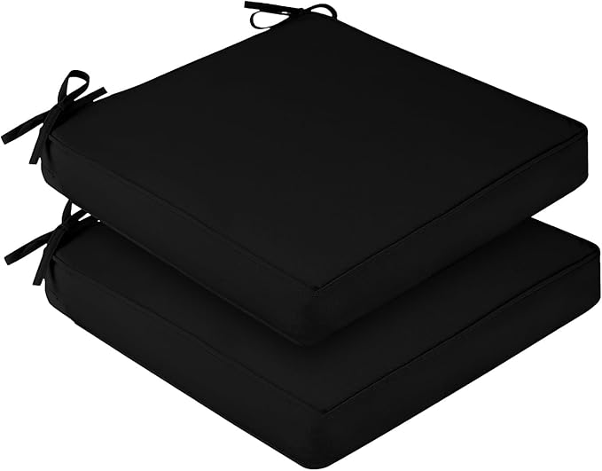 downluxe Waterproof Outdoor Chair Cushions for Patio Furniture, 24" x 24" x 4" Patio Chair Cushion with Adjustable Ties & Portable Handle, Square Outdoor Cushion with Removable Cover, Black, 2 Pack
